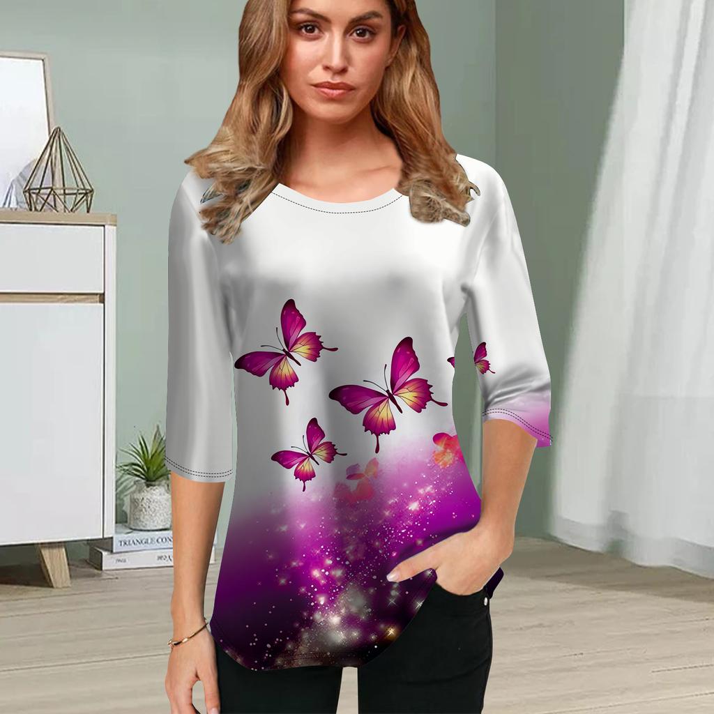 Womens Blouse 3D Blue Butterfly Printing Flower Half Sleeve Tops Summer Casual Tops Printed Round Neck Half Sleeve T Shirt