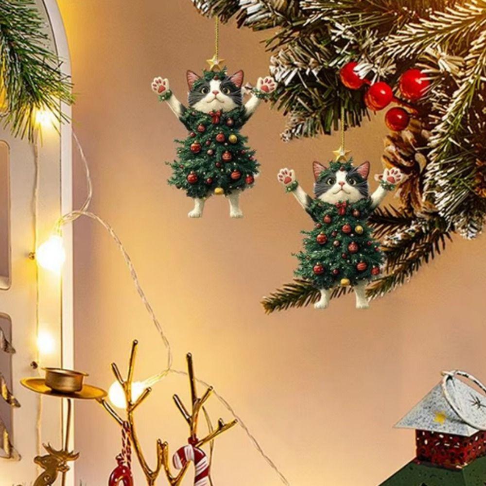 Cartoon Christmas Cat Pendant 2D Cat Hanging Ornaments Creative Xmas Tree Ornaments  Christmas Day