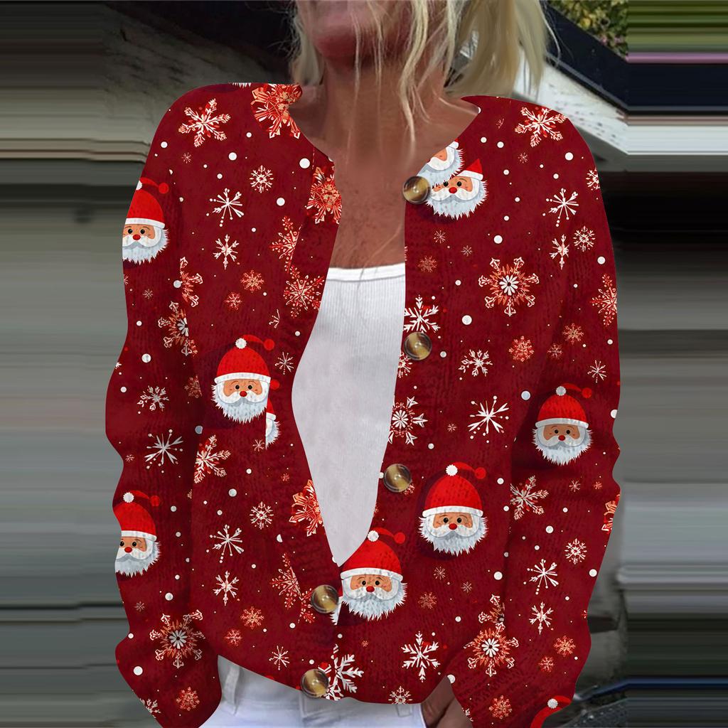 Women's Fashion Christmas Printed Long Sleeve Knitted Cardigan Button Down Jacket