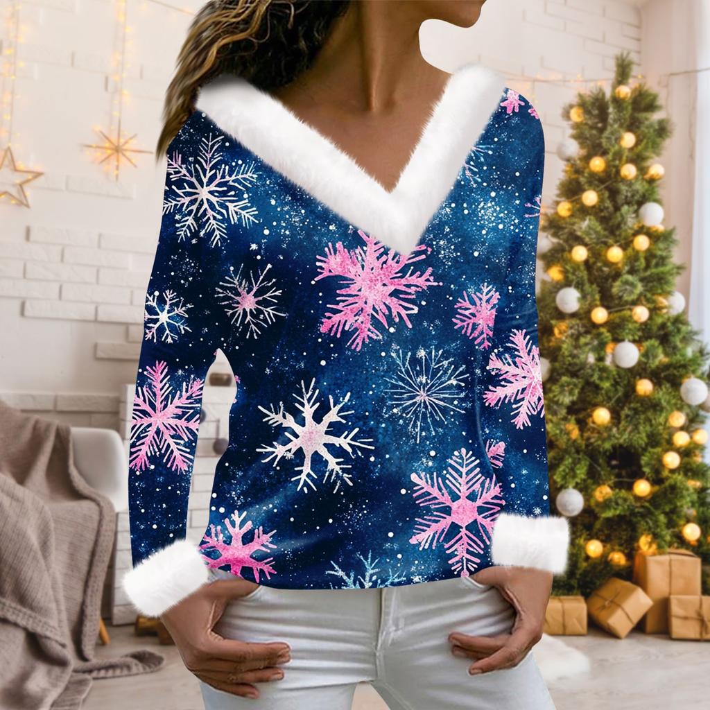 Женская мода с длинным рукавом и рождественским принтом для вечеринок, плюшевый повседневный топ с V-образным вырезом