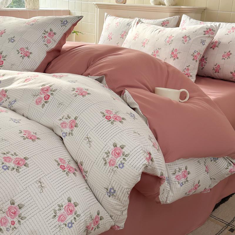 Class A Fresh Four-Piece Set: Washed Cotton Bed Sheet & Duvet Cover with Double Layer Gauze - Home Bedding Collection
