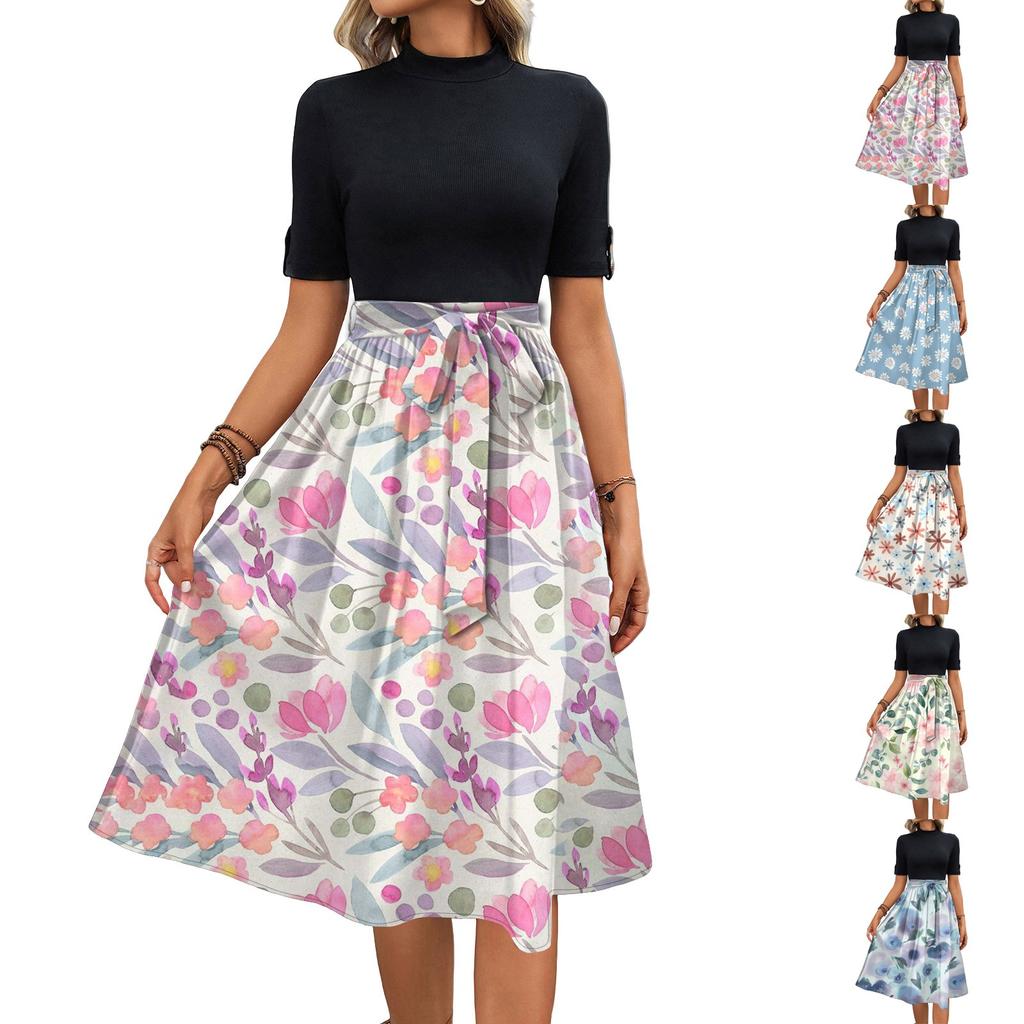 Women's Fashion Casual Belt Short Sleeve Round Neck Floral Elegant Temperament Dress