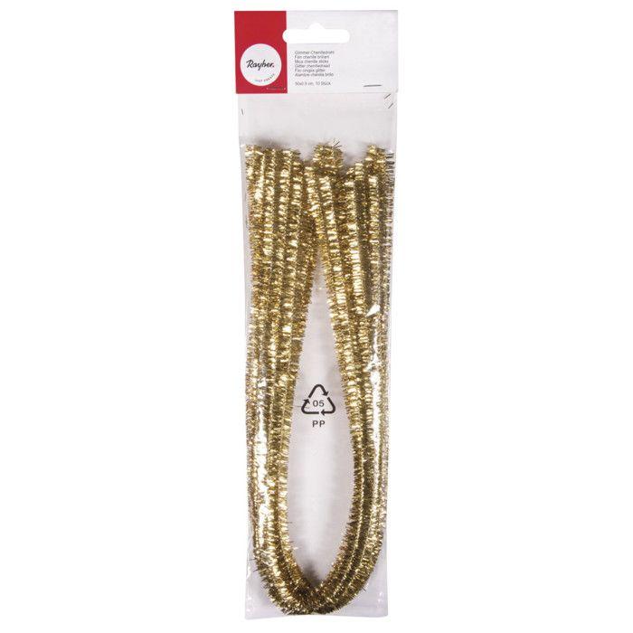 Filin chenille brillant, or, 50cm, épaisseur 9 mm, 10 pces