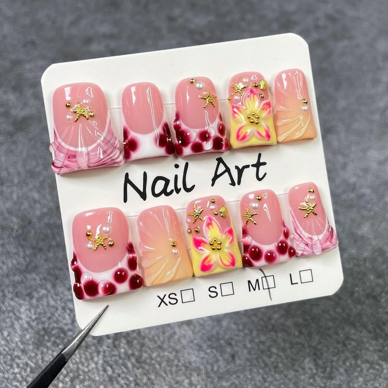 Sweet Ocean Style Press-On Nails With 3D Star Floral Design Nude Pink French Tip Short Length Reusable Artificial Nail Tips