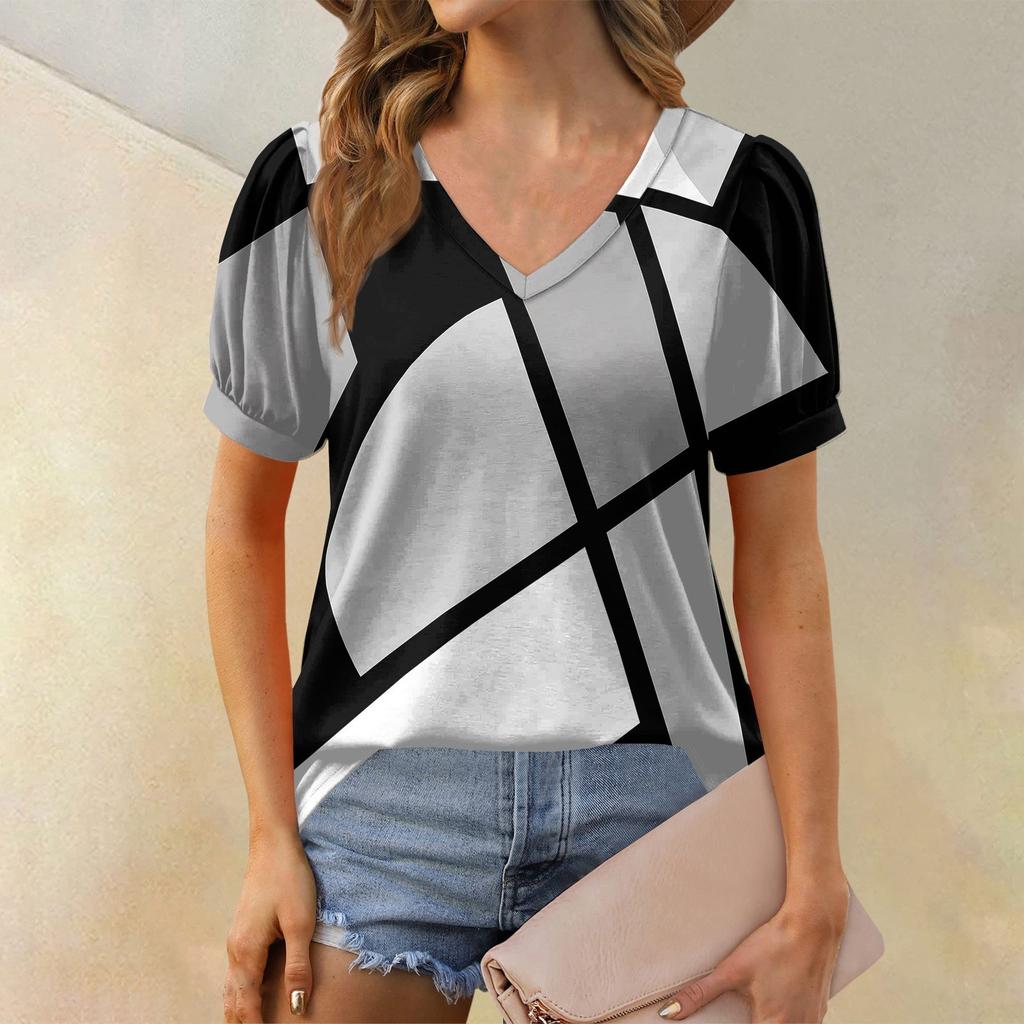 Женская модная футболка с коротким рукавом и V-образным вырезом, с принтом в стиле пэчворк, с цветными блоками, свободная повседневная футболка