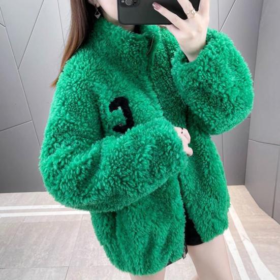 Winter Lady Coat Thickened Double-sided Faux Fleece Solid Color Stand Collar Neck Protection