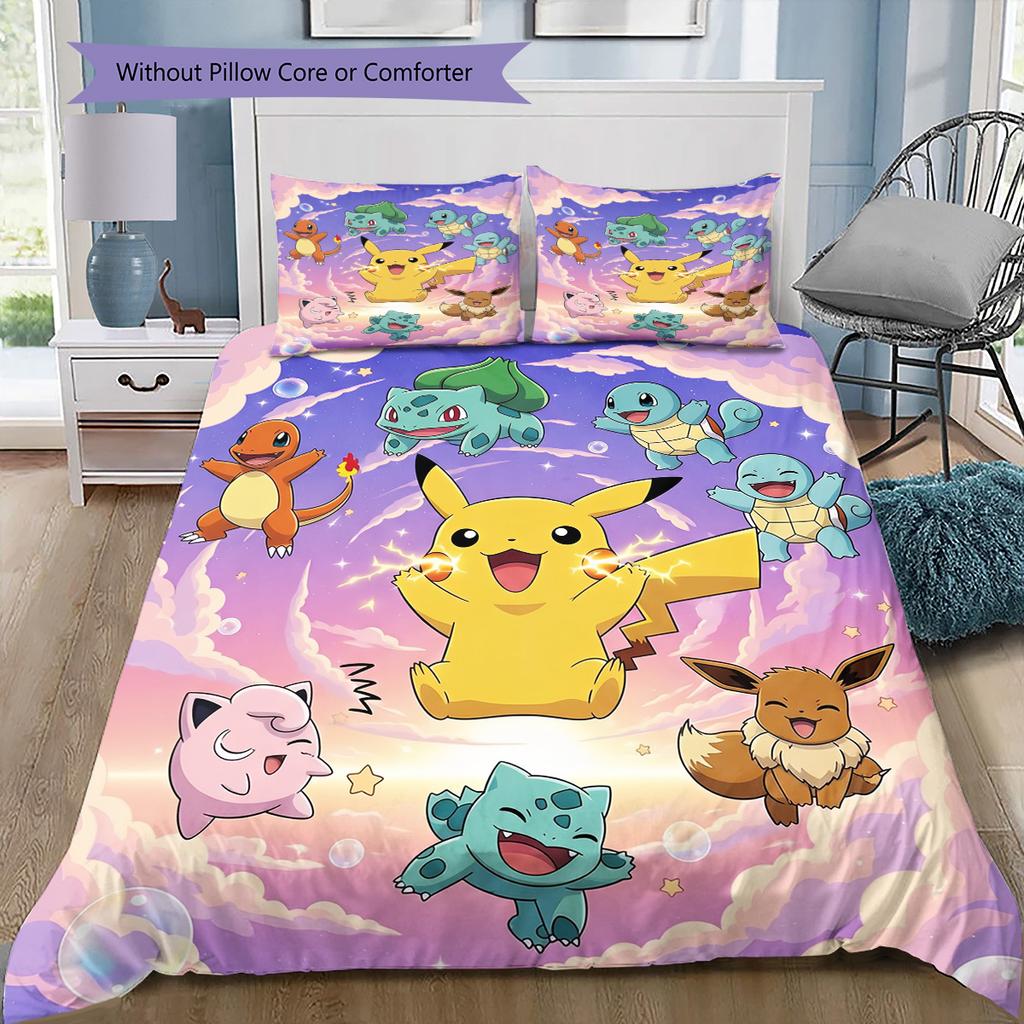 Starter Pokemon Art Bedding Set, 1 Duvet Cover & 2 Pillowcases, Suitable for Home Decor, Ideal Gift for Fans