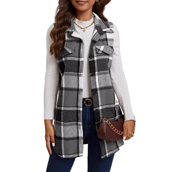Женский жилет весна-осень с отложным воротником и клетчатым принтом, без рукавов, свободный однобортный жилет средней длины, пальто, верхняя одежда для школы и поездок на работу