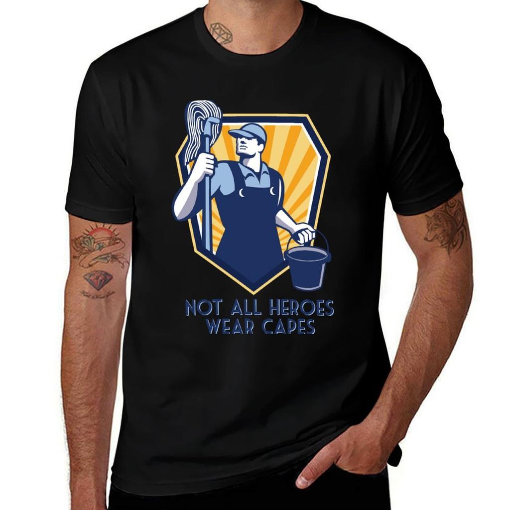 Funny Janitor Custodian Gift Not All Heroes Wear Capes TShirt Stretch Fabric Comfort TShirt