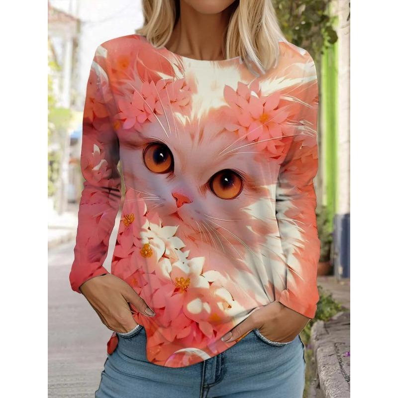 Women's Cute Cat Long Sleeves T-Shirt Round Neck Long Sleeved Autumn Animal Clothing Holiday Gift Clothing Fashion Party T-Shirt