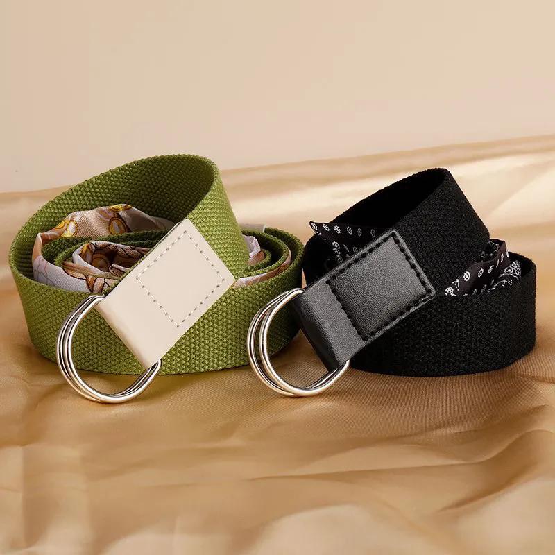 WTEMPO Canvas Printed Silk Scarf Belt Women's Fashionable Double-loop Buckle Unique Retro Elegant Versatile Belts