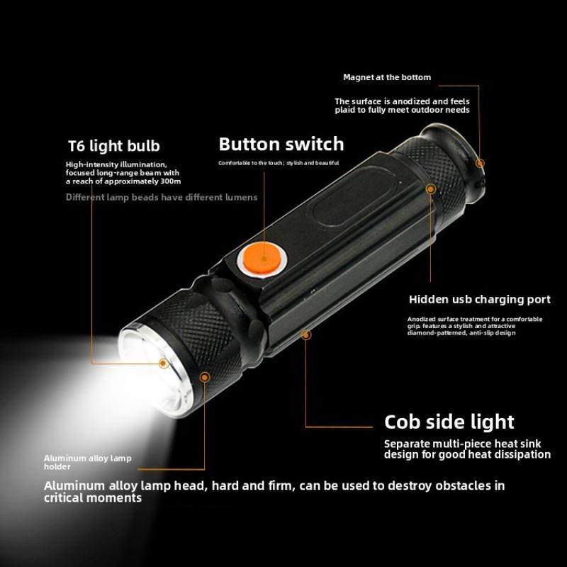 Супер яркий светодиодный фонарь T6+COB - Перезаряжаемая магнитная рабочая лампа, телескопический зум и долгий срок службы, аварийный фонарик