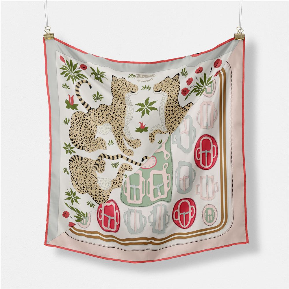 Twill Silk Scarf Woman Leopard Belt Print Square Scarves Wraps Bandana Small Hijab Foulards Lady Tie Headband Neckerchief 53CM