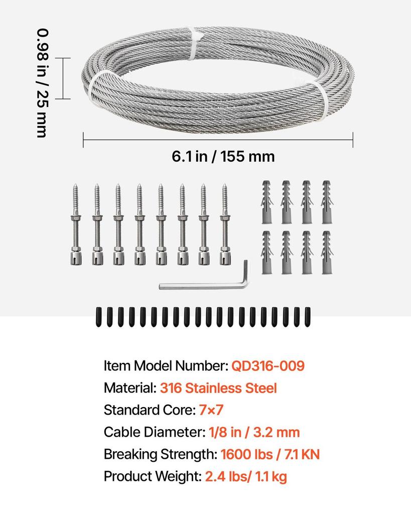 3.2 mm Wire Rope Kit, 12.2 m Length, 316 Stainless Steel Wire Cable, 7.1 kN Breaking Strength, 7 x 7 Strands Construction, Steel Cable for Deck