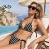 No Underwire Swimsuit 2Pcs/Set Bikini Set for Women, Knitted Hollow Fabric Halter Bra with Chest Pad Breathable Swimwear Steel Support, Lace-up