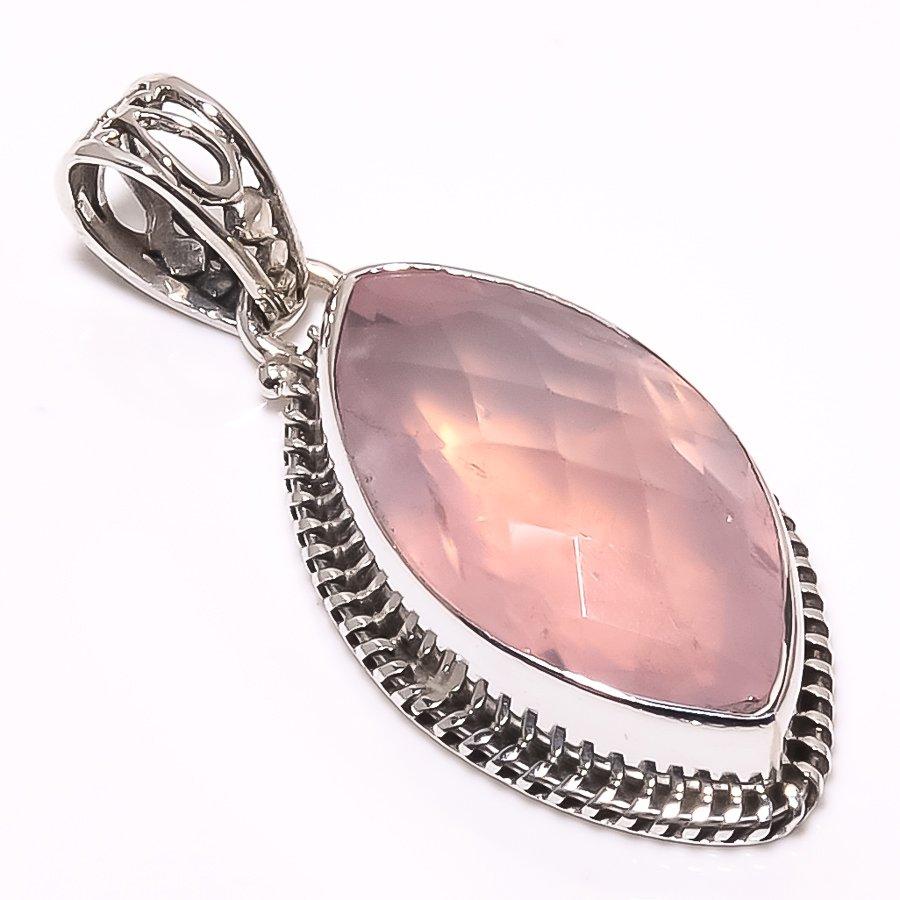 Natural Rose Quartz Gemstone 925 Solid Sterling Silver Gift Pendant 1.65" Z1k68