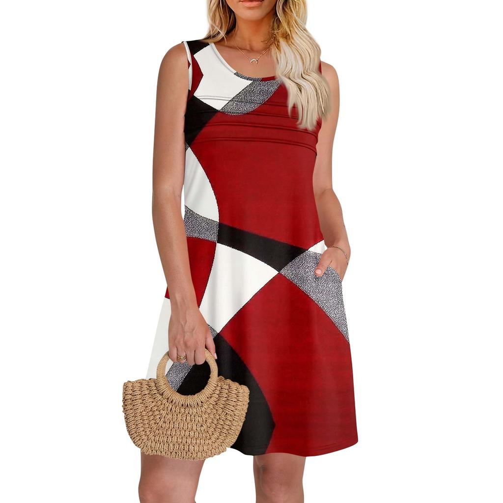 Женские летние платья с круглым вырезом, плиссировкой спереди, без рукавов, карманами, сарафаном, повседневным платьем