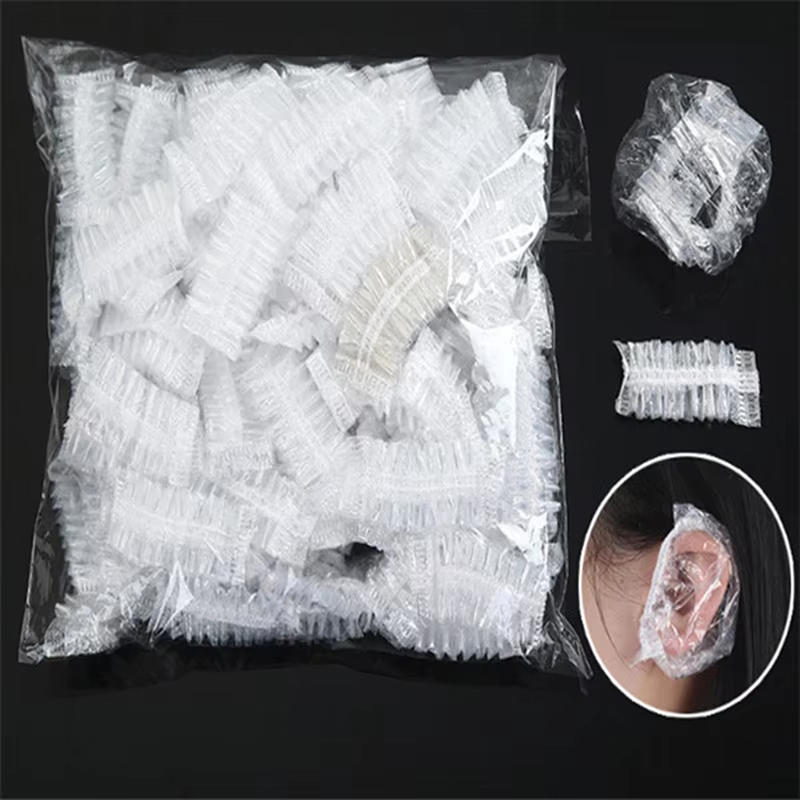 100 PCS Waterproof Earpack Plastic Wrap Disposable Hair Earmuff Dye Transparent Elastic Shower Hair Dye Protection Tool Ear Shield