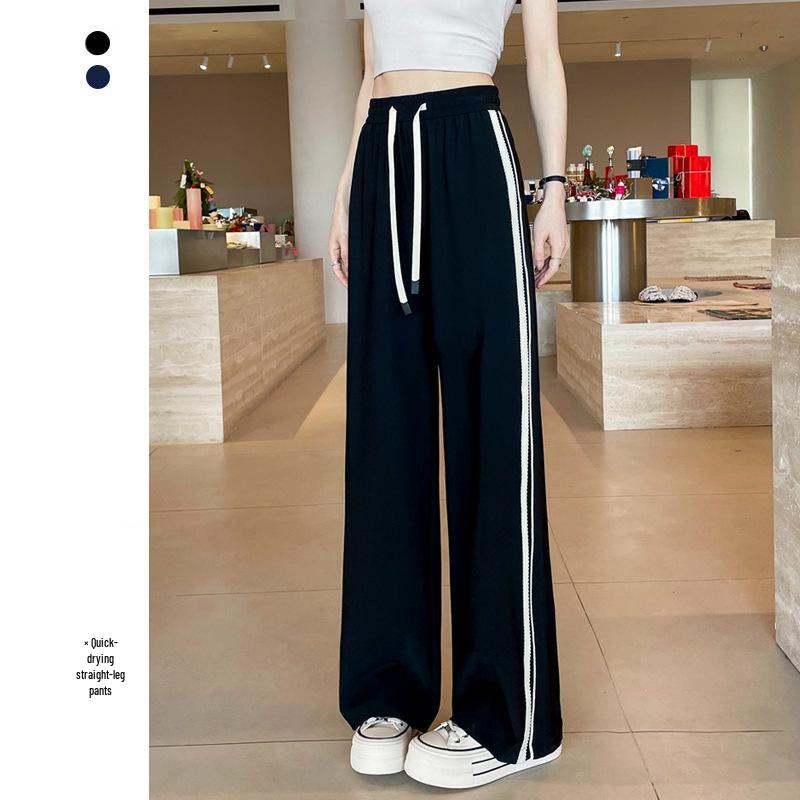 Women's Quick-Dry Ice Silk Wide-Leg Pants with Side Stripe - High Waist, Slimming, Draping Casual Sports Pants