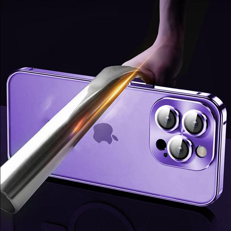 Роскошный чехол для телефона с металлическим каркасом для iPhone 14 13 12 Pro Max, стеклянная крышка с полным объективом, прозрачная задняя крышка