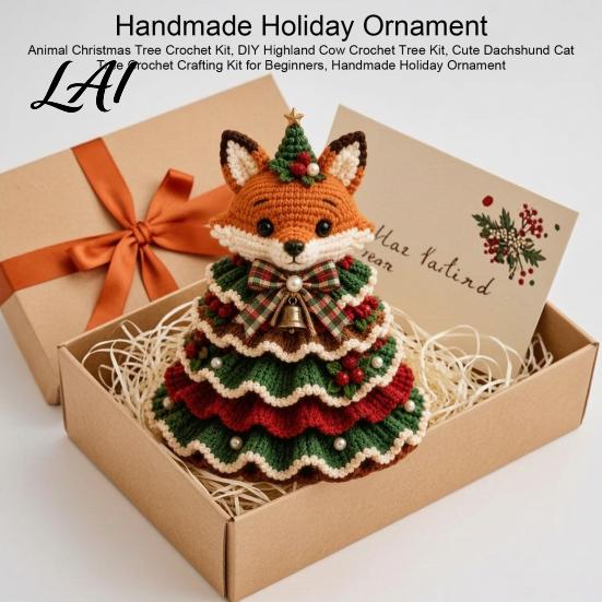 DIY Yarn Knitting Projects Animal Christmas Tree Crochet Kit Highland Cow Cute Handmade Holiday Ornament Dachshund Cat Crafting Kit for Beginners,