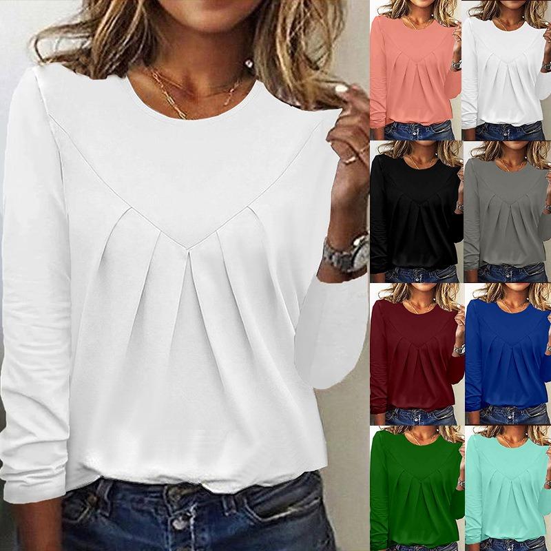 Daily Home Simple Elegant Women Pullover Top Wrinkled Base Shirt Long Sleeved T-shirt