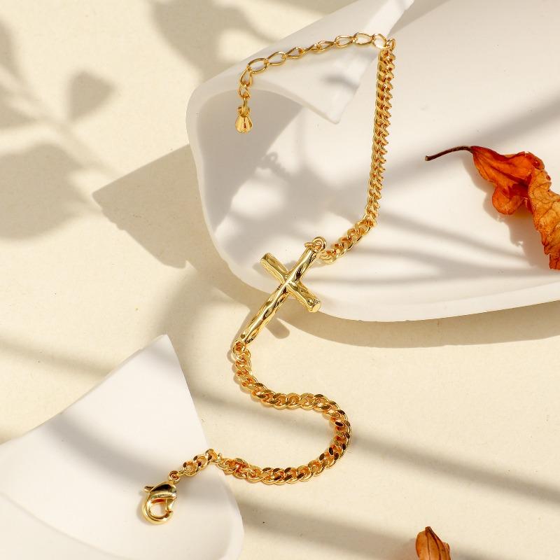 Vintage cross bracelet - gold plated copper, trendy ins style jewelry