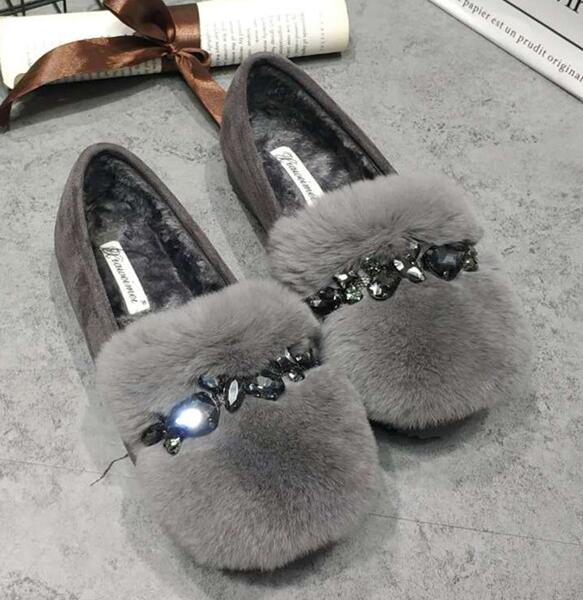 Модные хрустальные бусины, меховые балетки-мокасины для женщин, большой размер 35-42, уютные мюли из кроличьего меха, плоские хлопковые туфли, женские ромбовидные меховые лоферы