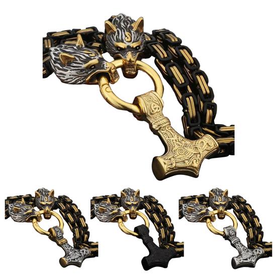 Мужское ожерелье Ретро Нордический стиль Викинг Молот Голова волка Кулон Амулет Толстая цепь Символ силы