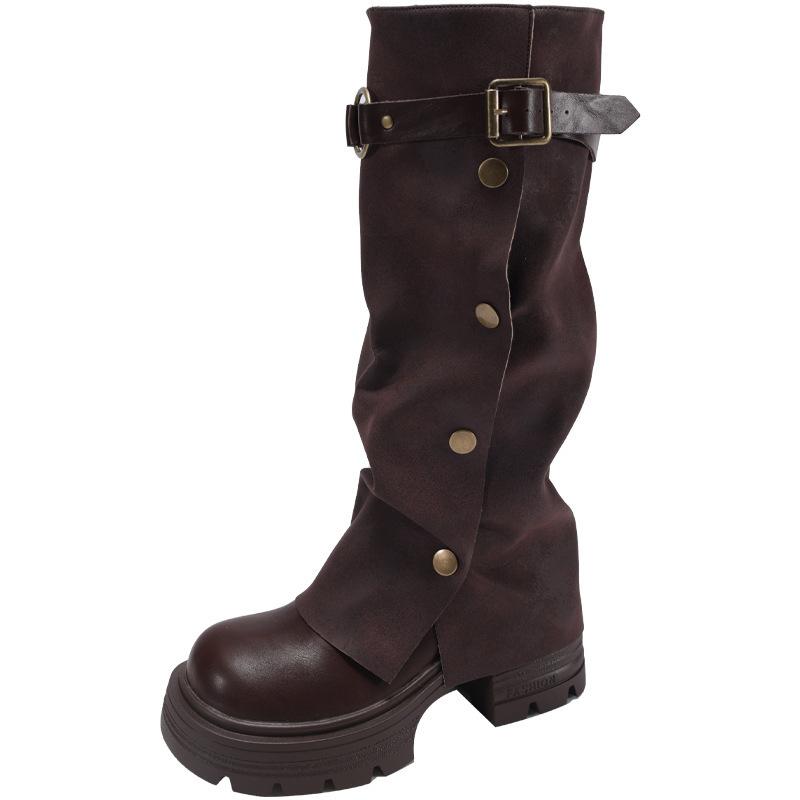 Черные ретро ботинки на толстом каблуке и платформе женская обувь 2025 новая осень британский стиль тонкие ботфорты до колена