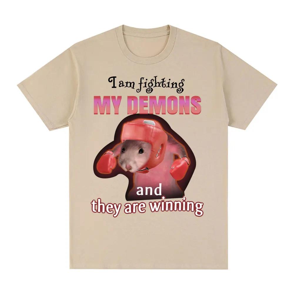 Funny I Am Fighting My Demons and The Are Winning Rat Meme Tshirt Men Fashion Creative T Shirts Short Sleeve Oversized Tshirts