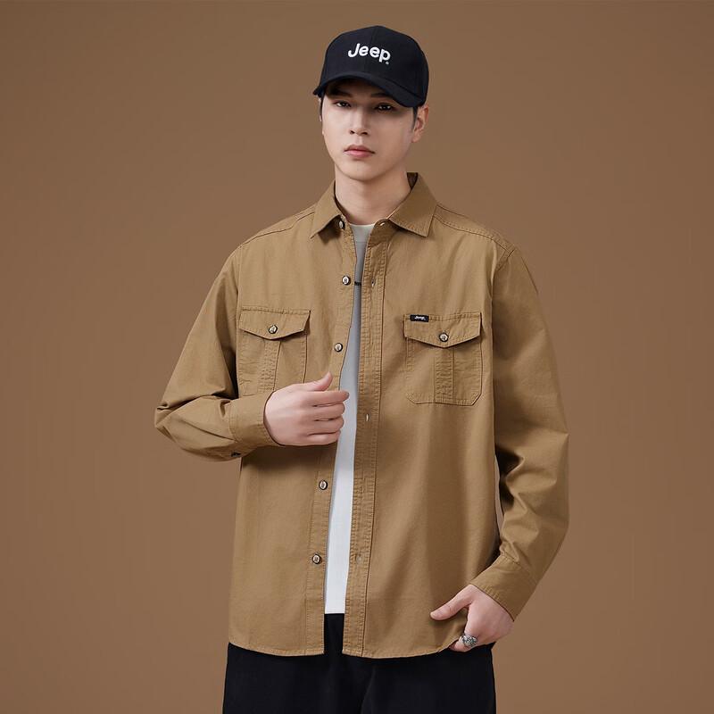 JEEP Men's 100% Cotton Solid Color Lapel Long-Sleeve Shirt