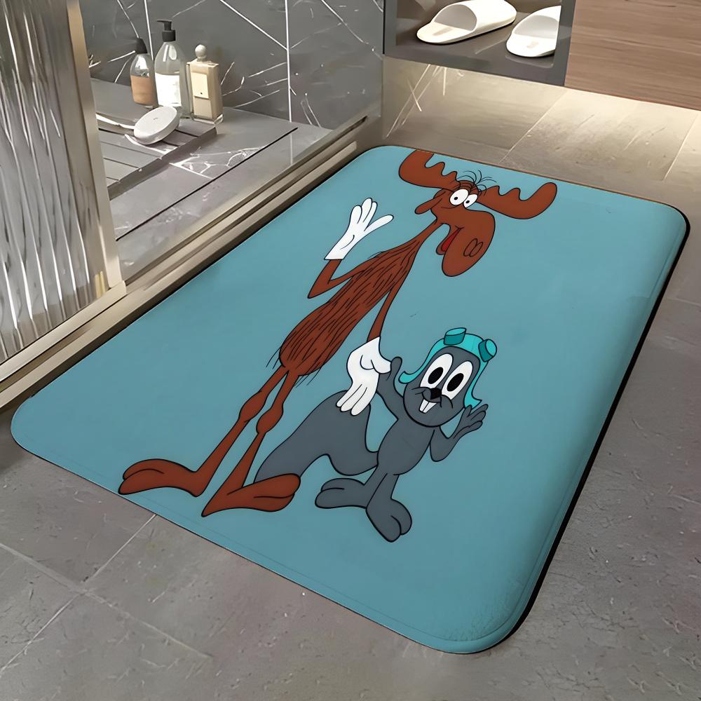 cartoon r-Rocky & b-Bullwinkle Floor Mat Soft Flannel Entrance Door Mat Non Slip Absorbent Bathroom Bedroom Floor Rug