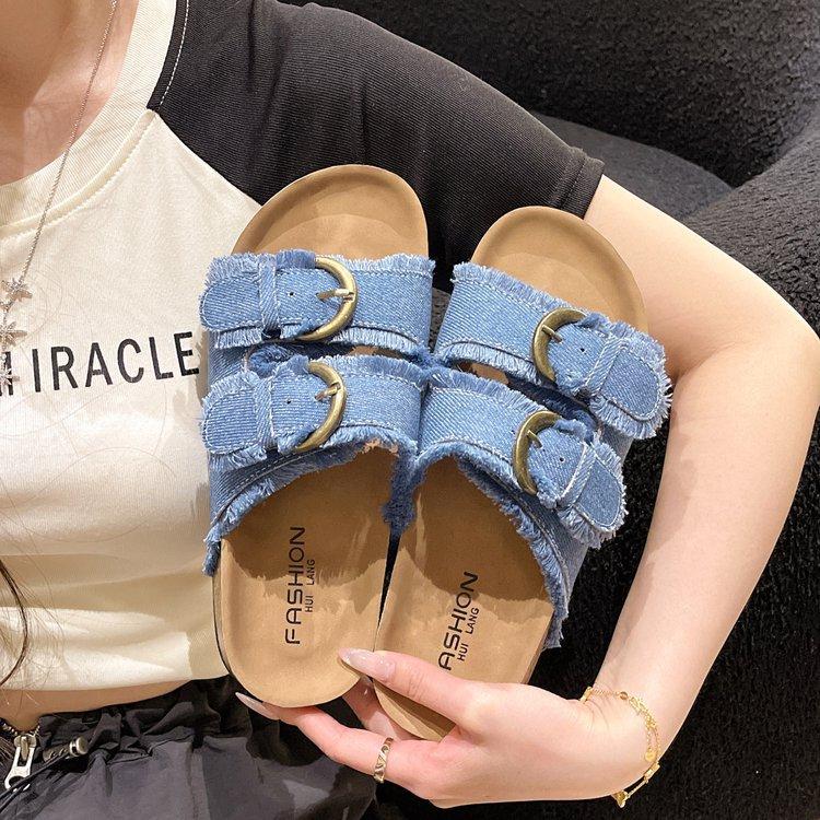 Мода Новое Лето 2025 Открытый Носок Бахрома Плоская Обувь Удобные Женские Уличные Сандалии на Платформе с Пряжкой на Ремне Холщовые Шлепанцы на Одном Слове