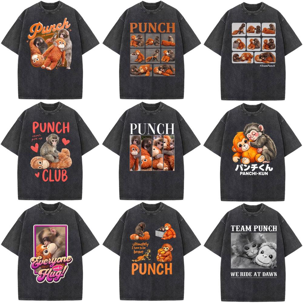 Punch The Funny Monkey Graphic T Shirt Unisex Women Clothing High Quality Crewneck Tshirts Oversized Vintage Washed Humor T Shirts
