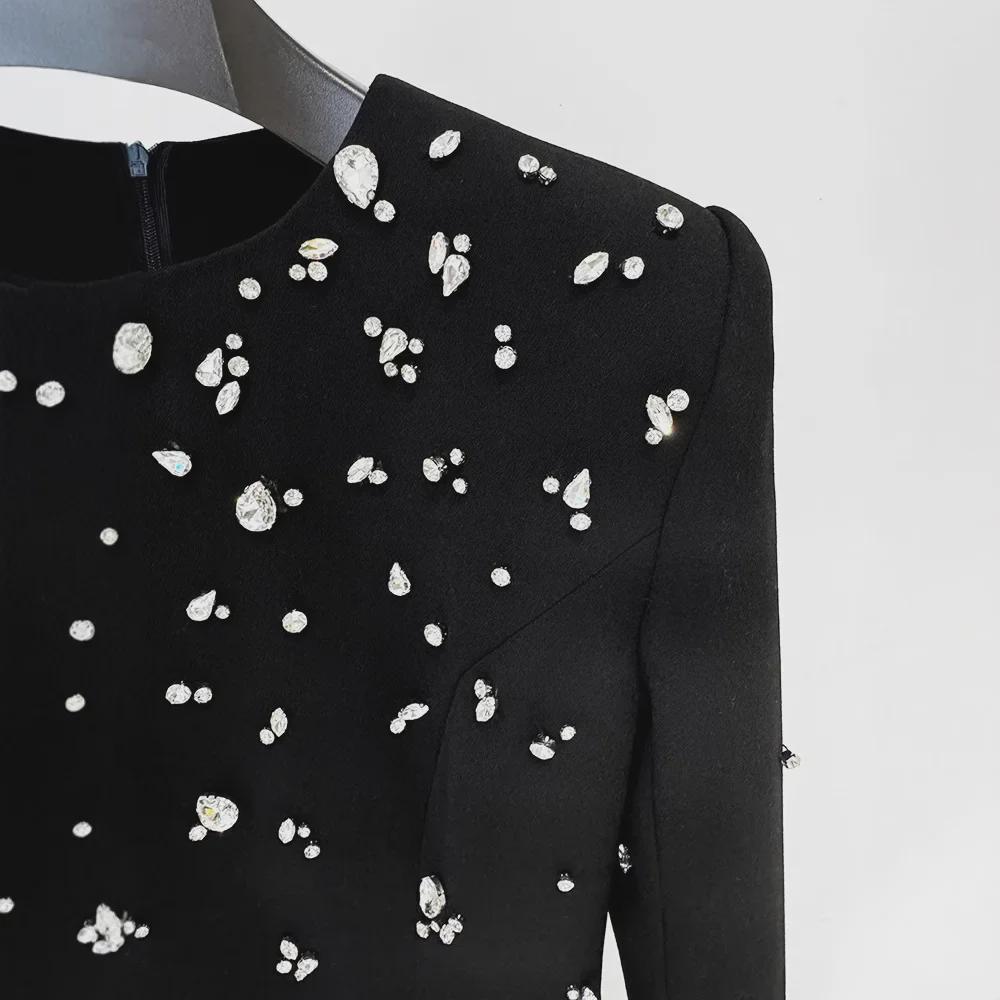 Элегантное платье с длинными рукавами, украшенное крупными бисером и бриллиантами, европейский и американский стиль 2024 г.