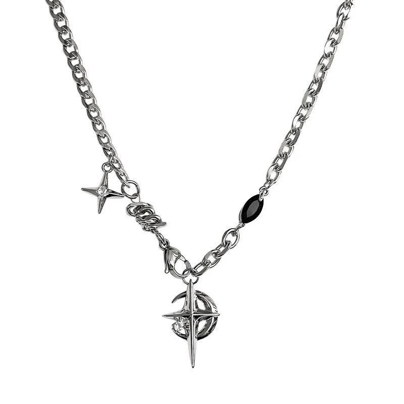 New Y2K Cuban Figaro Chain Star Moon Pendant Necklace Men Punk Black Zircon Chain Choker Necklace For Men Jewelry Gifts