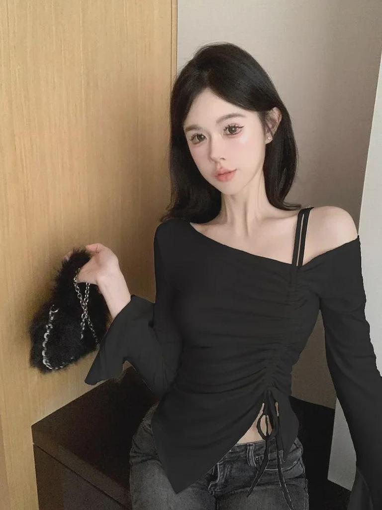 Рубашка с открытыми плечами, на кулиске, облегающего кроя, с длинным рукавом для женщин