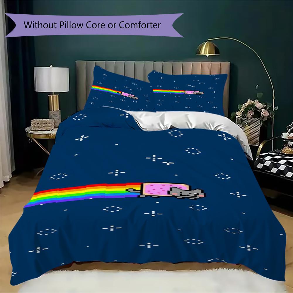 nyan cat Pattern Bedding uilt Set uilt Cover Pillowcase Home Decoration Birthday Gift (1 * duvet cover + 2 * pillowcase without core)99
