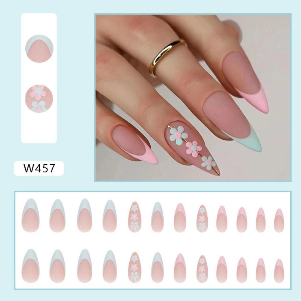 24pcs Detachable Fake Nials Press On Nails Diy Long Almond False Nails French Flowers