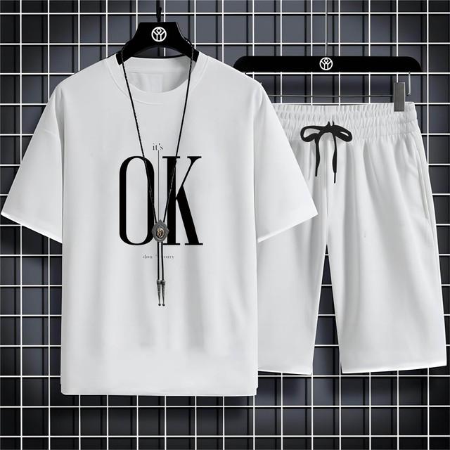 Four Seasons New Outdoor Sports Style 2d Letter Ok Printed Men'S O-Collar Comfortable Breathable Casual T-Shirt Set Quick Drying