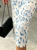 Women Summer Blue White Leopard Print Bodycon Midi Dress Cold Shoulder Slim Fit Sexy Cutout Elegant Dress