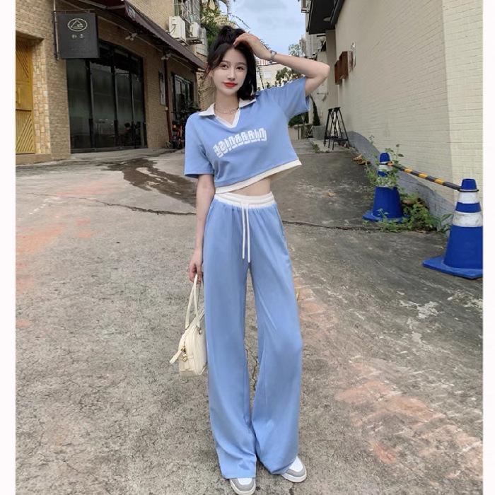 Женский летний спортивный повседневный костюм-двойка: Рубашка поло и брюки-драп