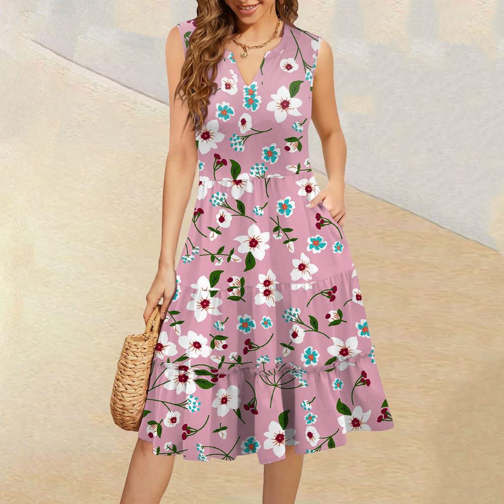 Женские летние повседневные платья без рукавов с V-образным вырезом и плиссированными оборками в винтажном стиле с цветочным принтом