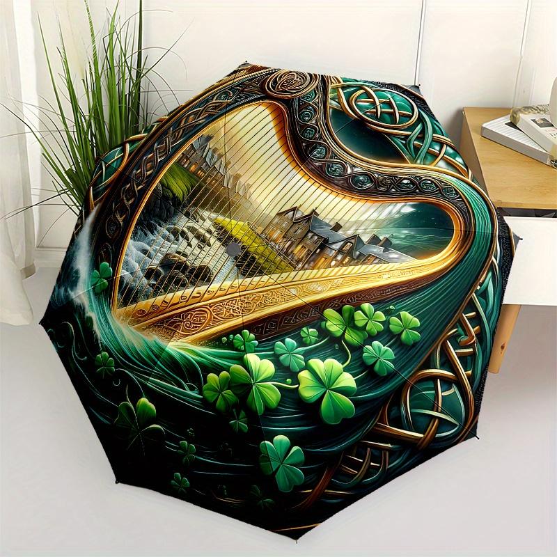 Irish Harp Celtic Knotwork Wall Art Print Umbrella - Cute Umbrella with Cute Design, Portable 3-Fold Compact Umbrella for Men