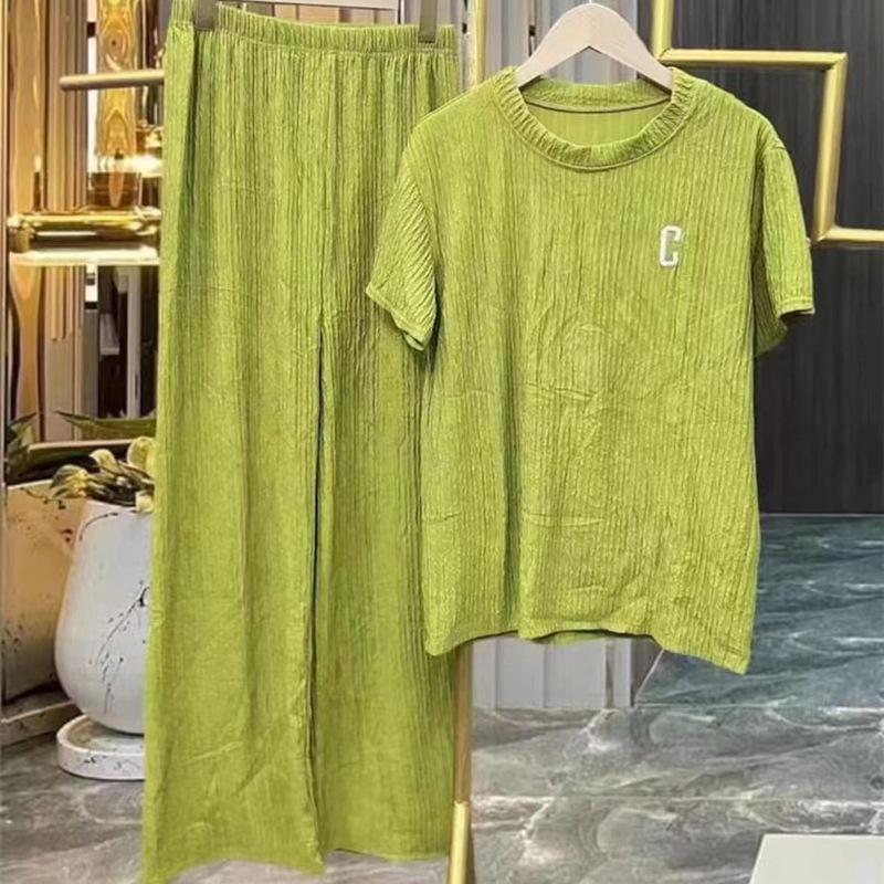Embroidery Top Sleeved Wrinkle Short Straight Wide Leg Long Pants Set Woman Causal 2 Pieces Pajamas Home Wear Loungewear