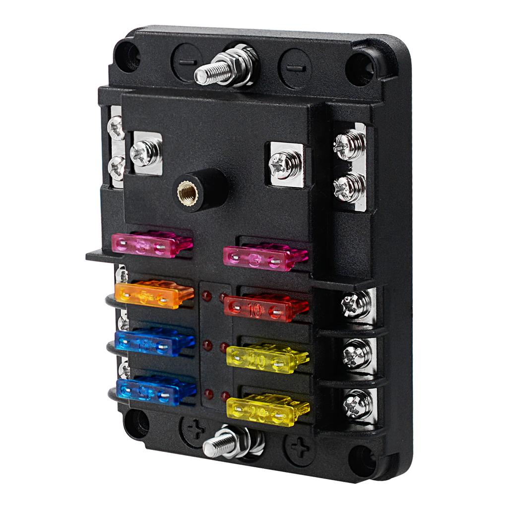 Waterproof 12 Volt Fuse Block, 6 Way with 6 Ground Negative Busbar[100 Amp Max] [ATC/ATO Fuses] [LED Indicator] [2 Spare Fuse Slots] for Car Boat Etc.