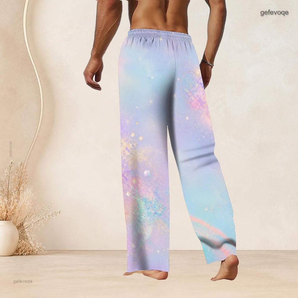 Men s Plus Size Purple Black Gray Gem Printed Drawstring Waist Straight Leg Full Length Beach Pants