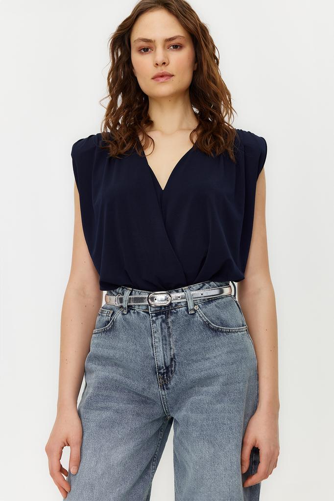 Women's Fashion New Bodysuit Emerald Padded Double Breasted Collar Flexible Snap Fastener Knitted Bodysuit