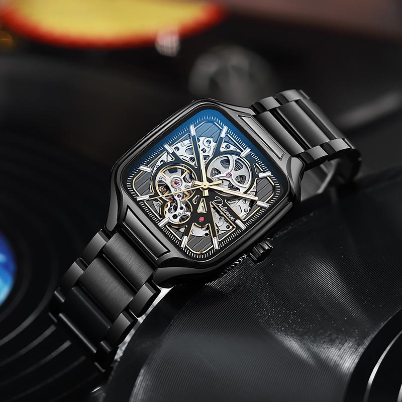 Trend Silver Watches Square Dial Stainless Steel Luxury Hollow Skeleton Mechanical Watch Waterproof Male Gifts Reloj Automático